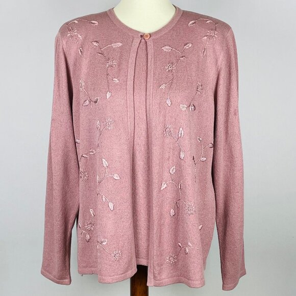 Vtg Alfred Dunner Faux Twinset Cardigan Sz L Mauve Embroidered Sequins Old Money - Picture 1 of 6